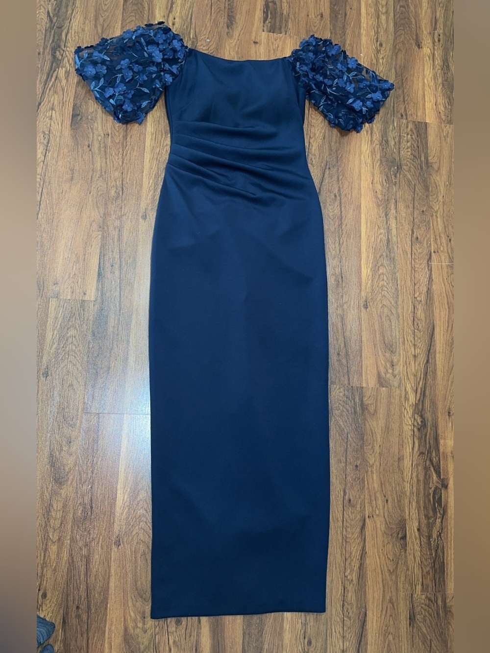 Xscape Navy One-Shoulder Evening Gown with 3D Floral Sleeves Formal - Picture 8 of 16